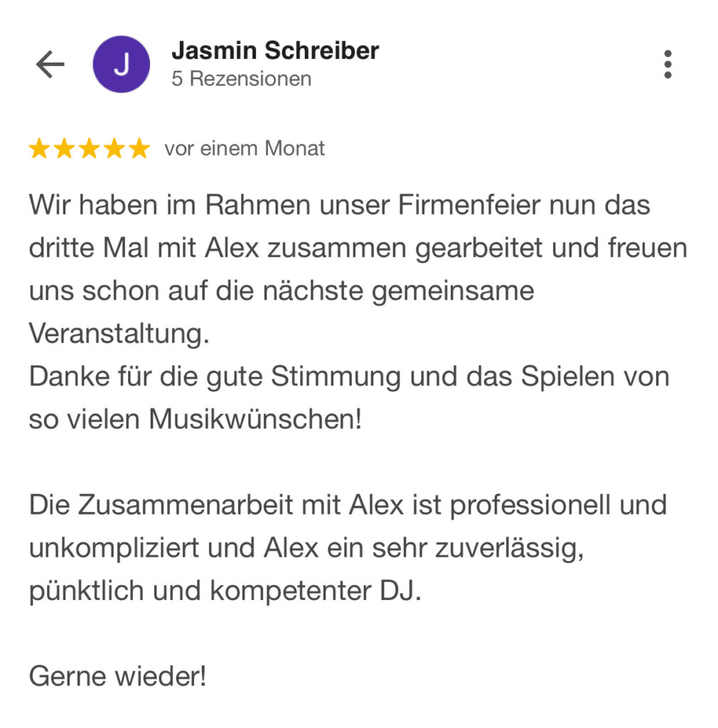 5 Sterne Bewertung f&uuml;r Hochzeits DJ in K&ouml;ln von zufriedenen Kunden