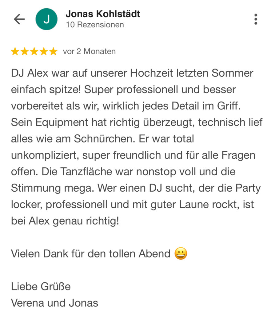 Bewertung eines Kunden für Hochzeits DJ aus Troisdorf nach gelungener Hochzeitsfeier
