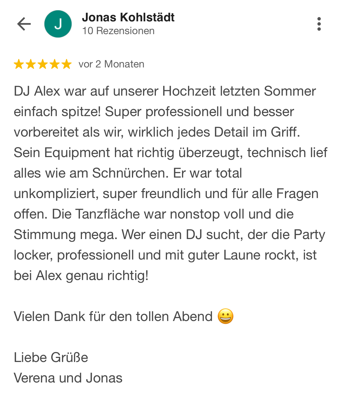 Bewertung eines Kunden f&uuml;r Hochzeits DJ aus Troisdorf nach gelungener Hochzeitsfeier