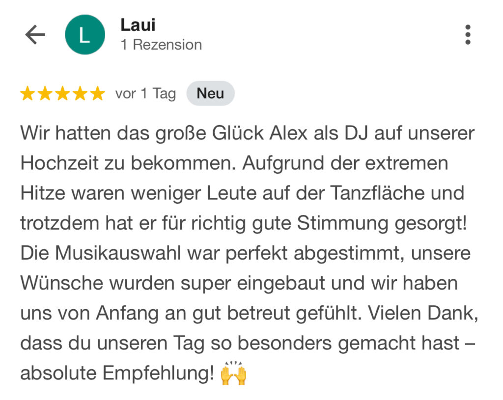 bewertung, gute bewertung, hochzeit, event, dj alexander r&uuml;tzel